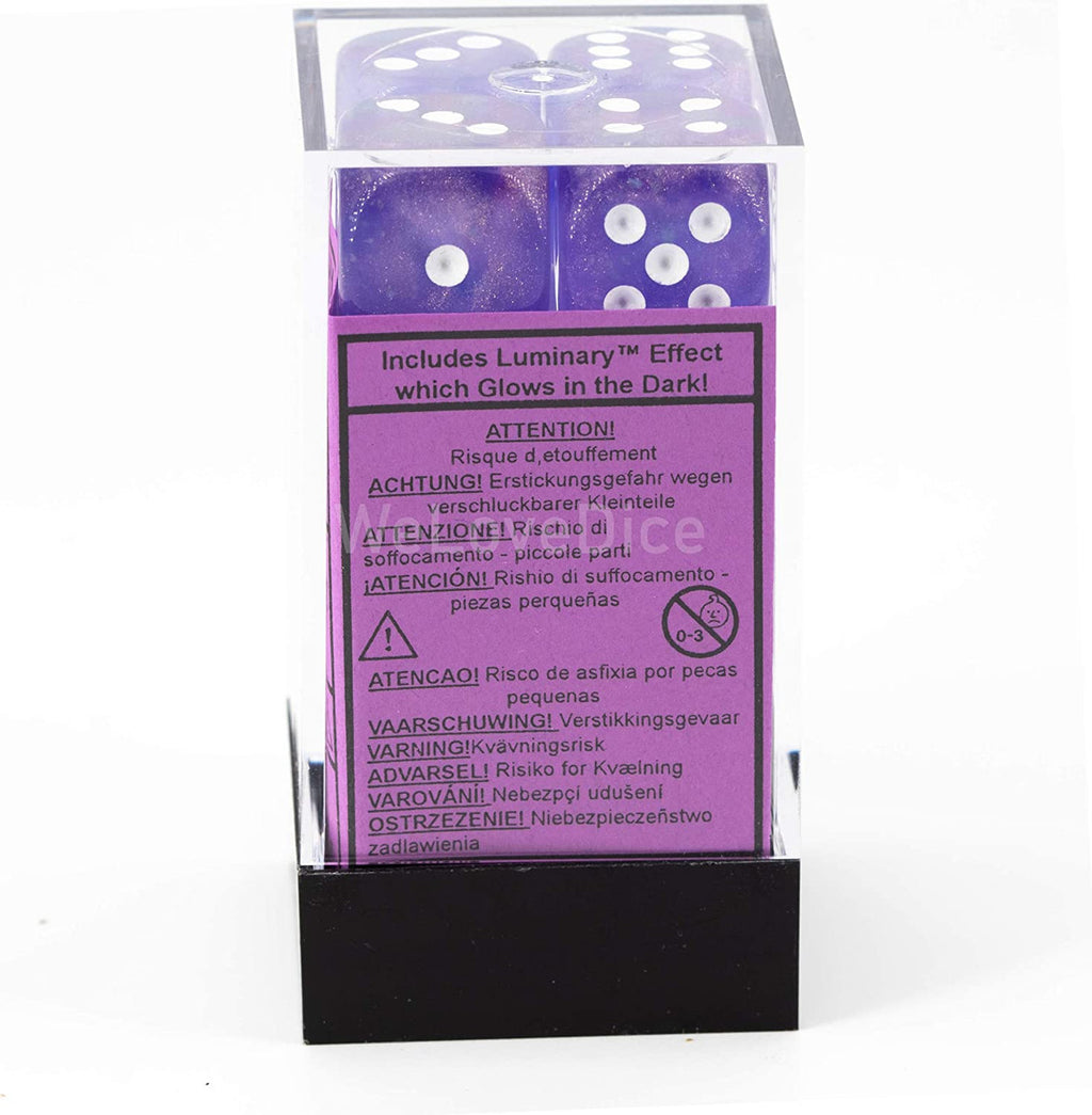 Chessex Borealis 16mm d6 Purple/White Luminary Dice Block (12 dice) (27777)