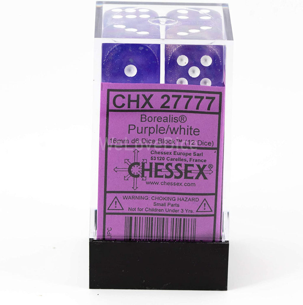 Chessex Borealis 16mm d6 Purple/White Luminary Dice Block (12 dice) (27777)