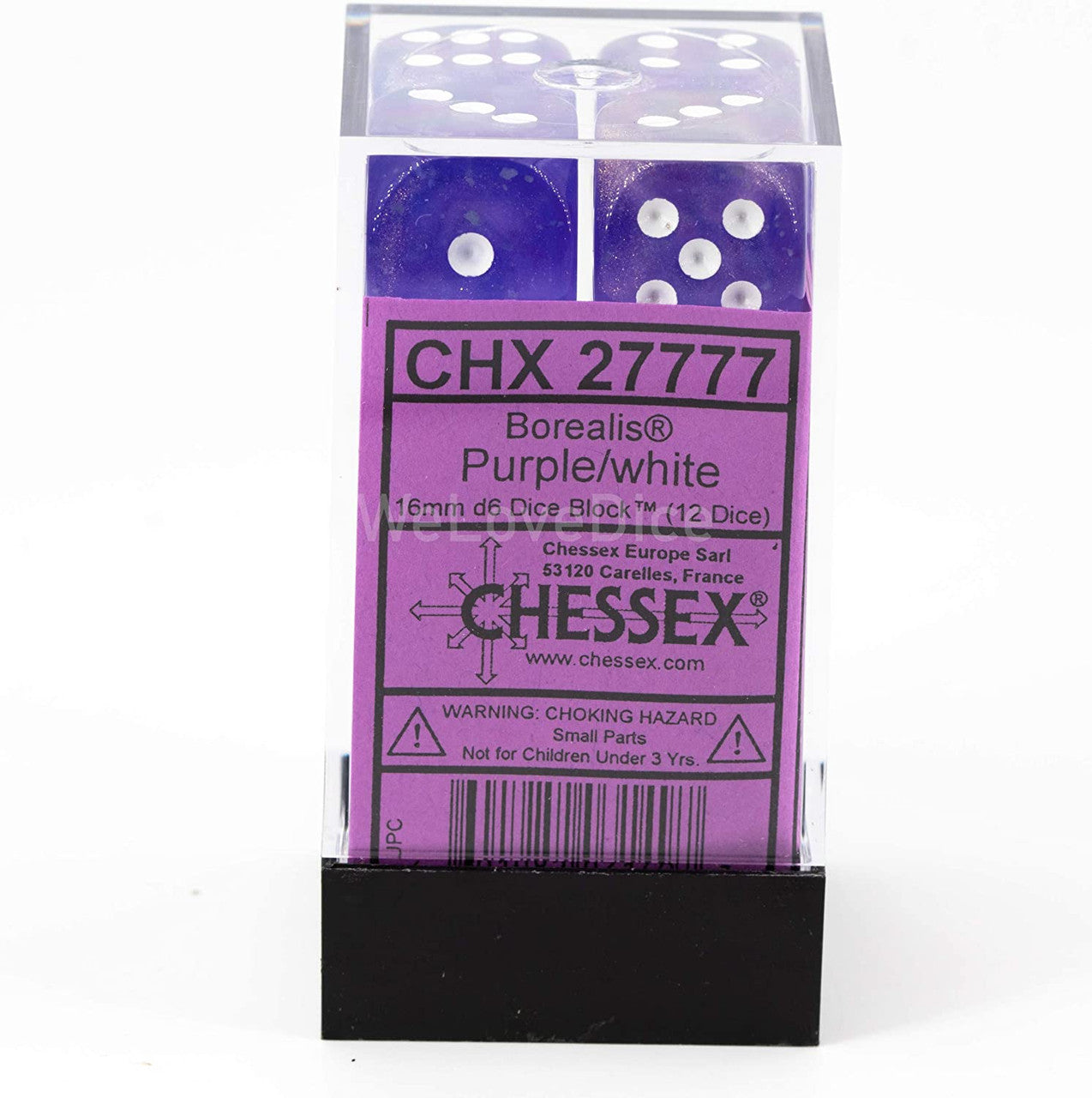 Chessex Borealis 16mm d6 Purple/White Luminary Dice Block (12 dice) (27777)