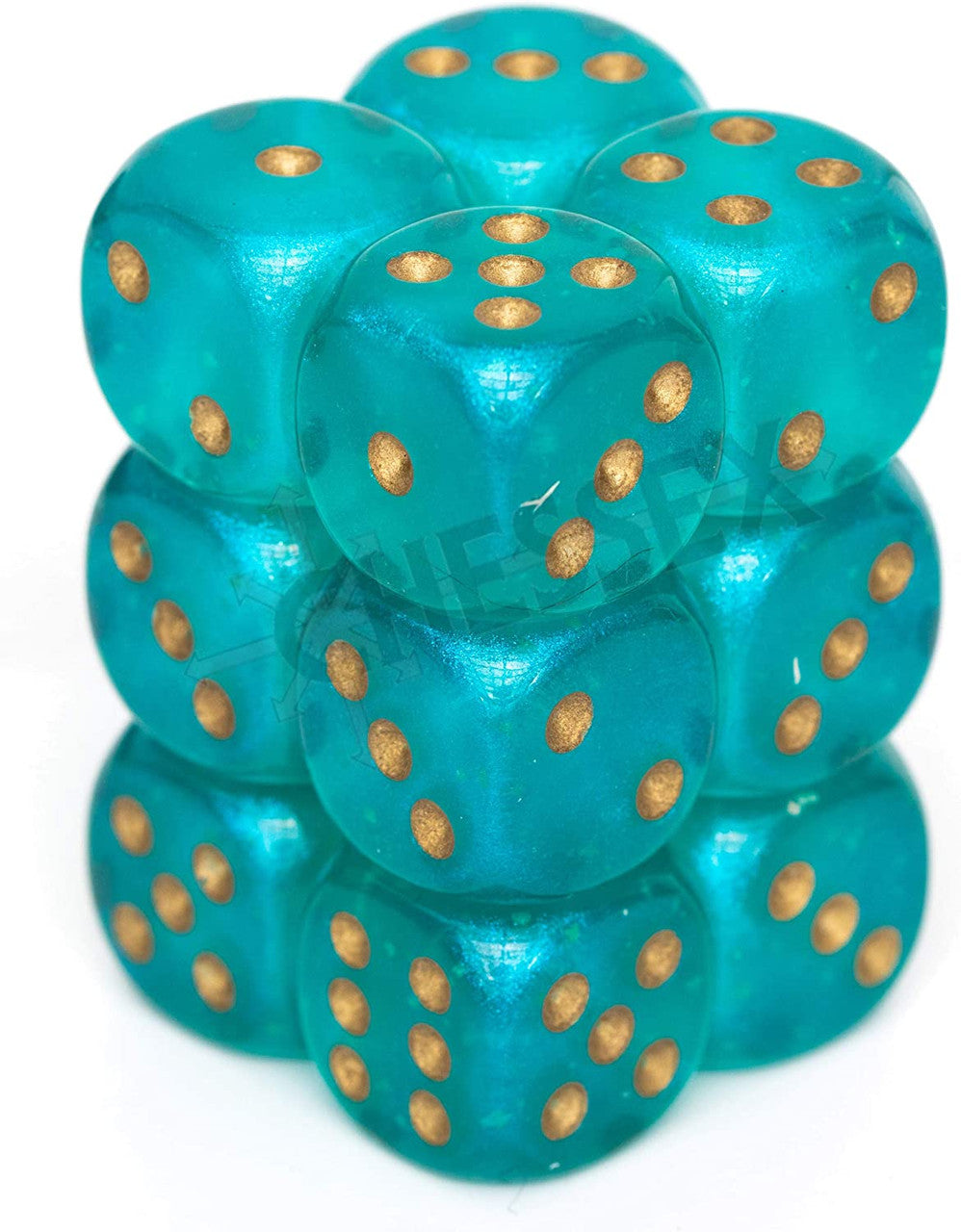 Chessex Borealis 16mm d6 Teal/Gold Luminary Dice Block (12 dice) (27785) - Blue