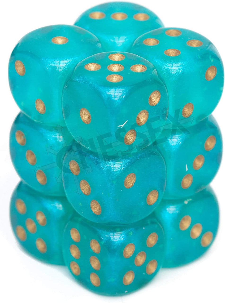 Chessex Borealis 16mm d6 Teal/Gold Luminary Dice Block (12 dice) (27785) - Blue