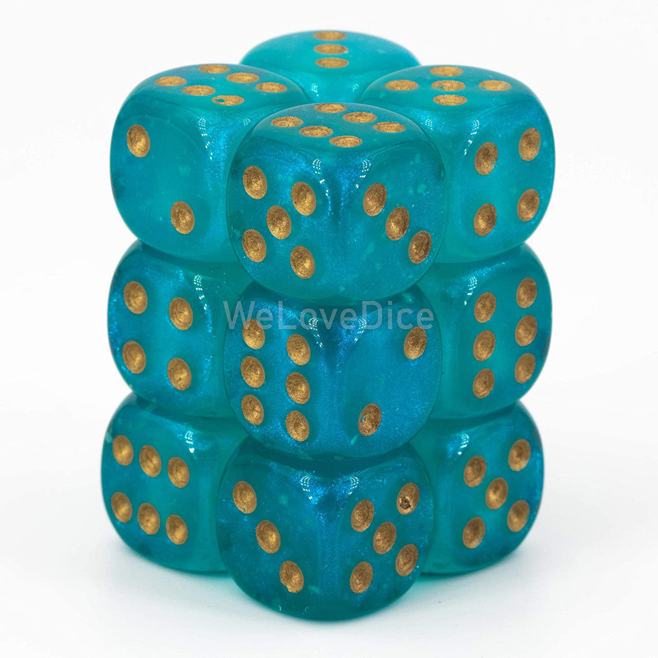 Chessex Borealis 16mm d6 Teal/Gold Luminary Dice Block (12 dice) (27785) - Blue