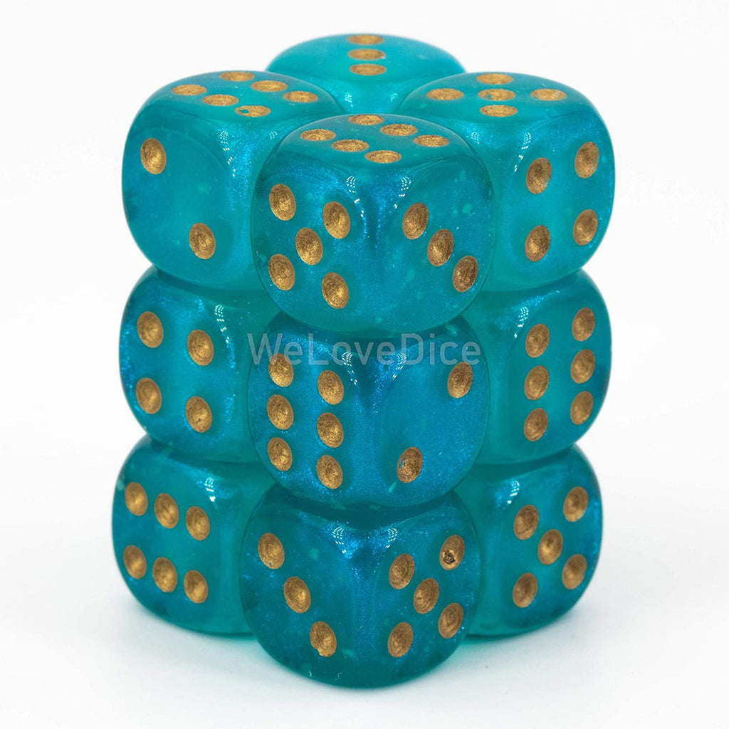 Chessex Borealis 16mm d6 Teal/Gold Luminary Dice Block (12 dice) (27785) - Blue