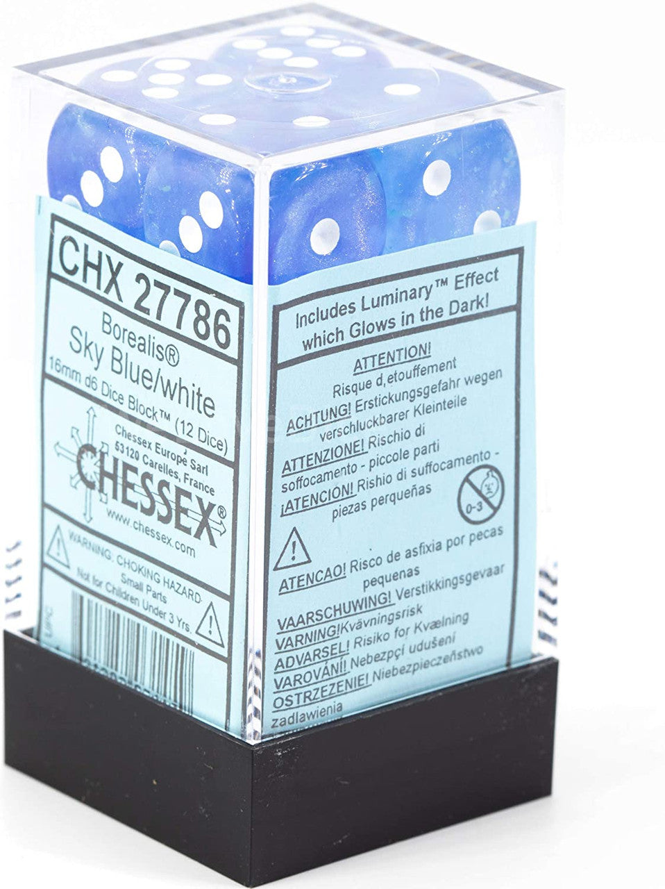 Chessex Borealis 16mm d6 Sky Blue/White Luminary Dice Block (12 dice) (27786)