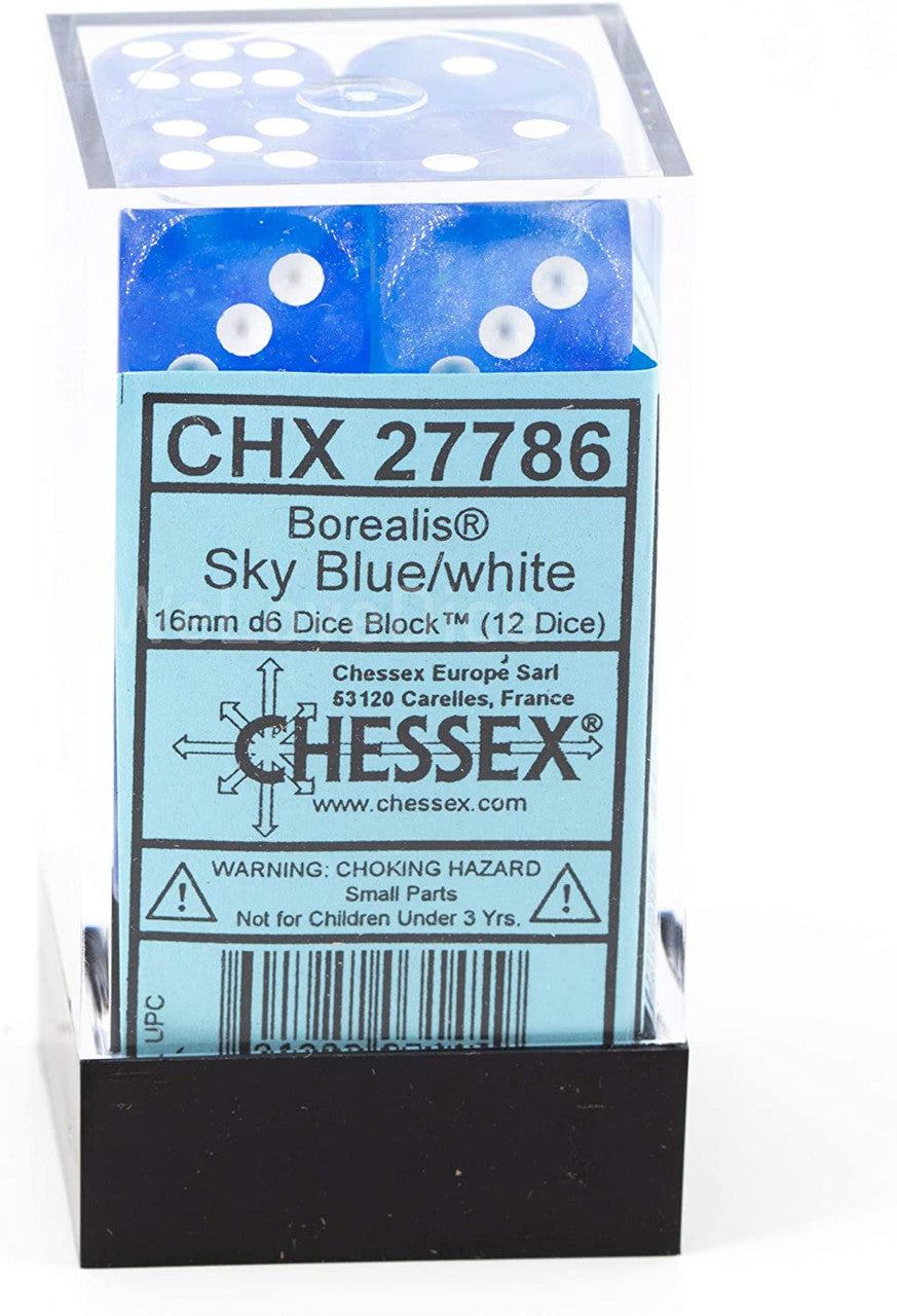 Chessex Borealis 16mm d6 Sky Blue/White Luminary Dice Block (12 dice) (27786)