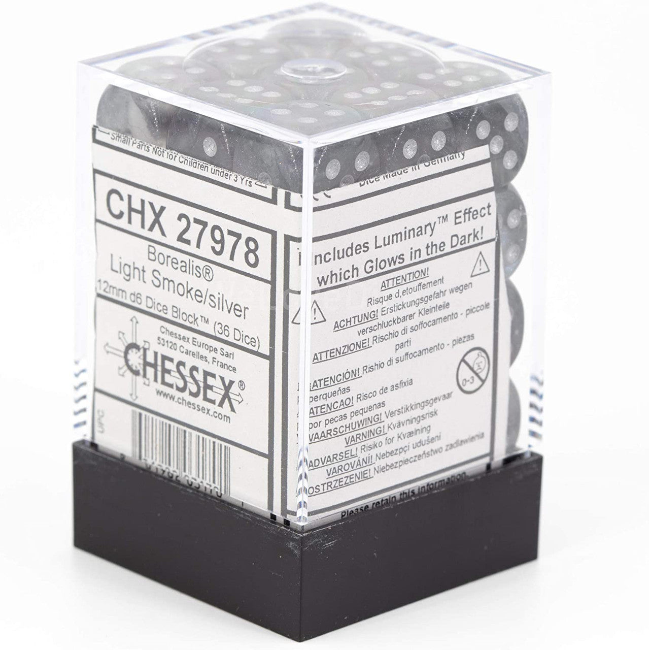 Chessex Borealis 12mm d6 Light Smoke Silver Luminary Dice Block (27978) - 36 Dice CHX27978