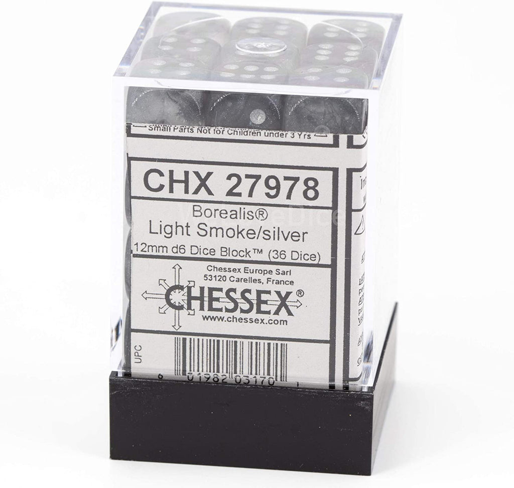 Chessex Borealis 12mm d6 Light Smoke Silver Luminary Dice Block (27978) - 36 Dice CHX27978