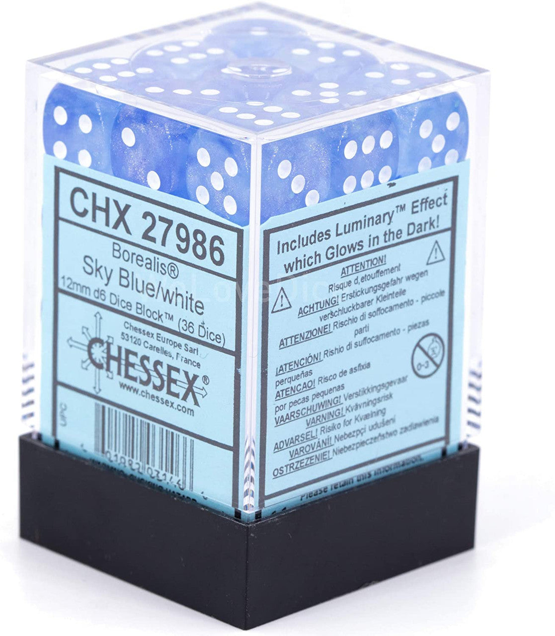 Chessex Borealis 12mm d6 Sky Blue/White Luminary Dice Block (36 dice) (27986) CHX27986