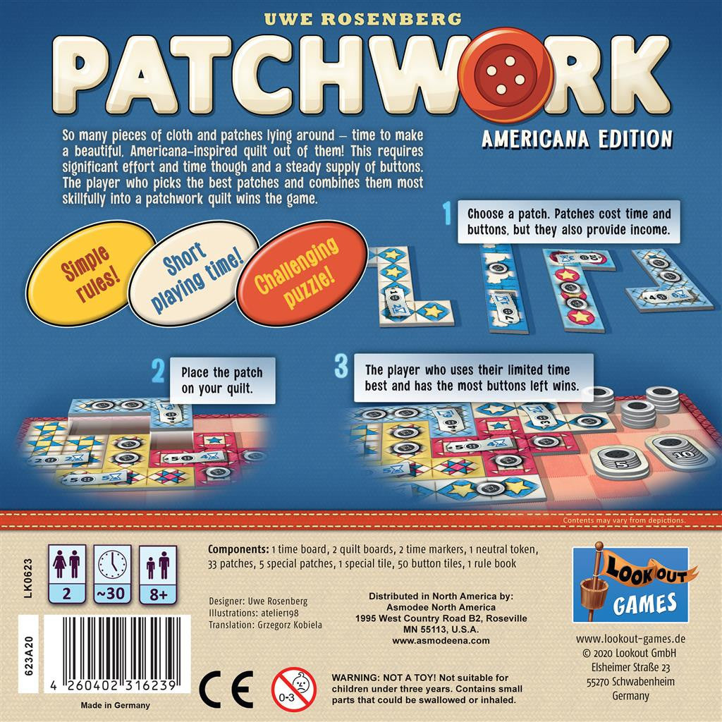 Lookout Games Patchwork Americana Edition The Ultimate Two Player Quilt Building Game Featuring Beautiful Americana Inspired Designs LK0623