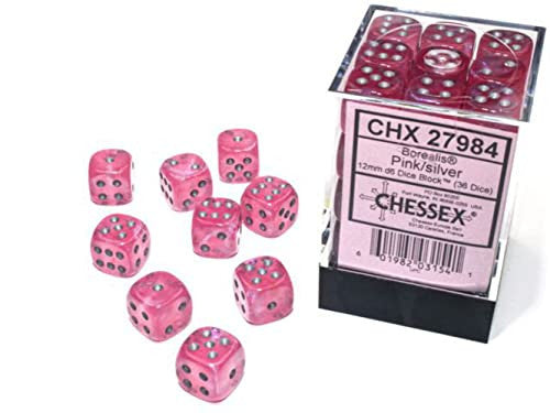 Chessex Borealis 12mm d6 Pink Silver Luminary Dice Block 36 Dice - 27984 CHX27984