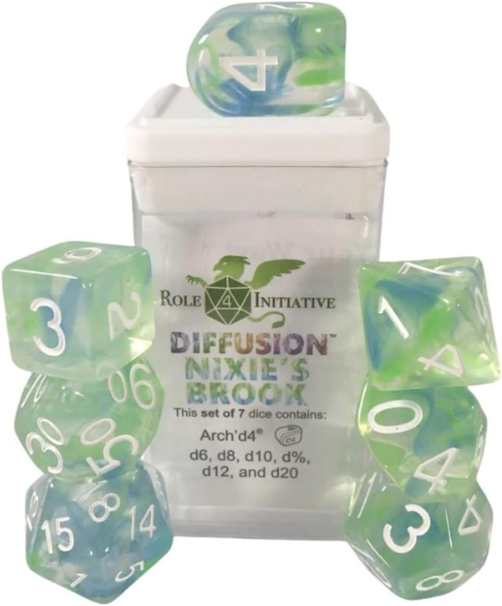 Role 4 Initiative Large High Visibility Traditional Dice Set with Arch'd4 Diffusion Nixie's Brook 7 Ct R4i-50533-7C