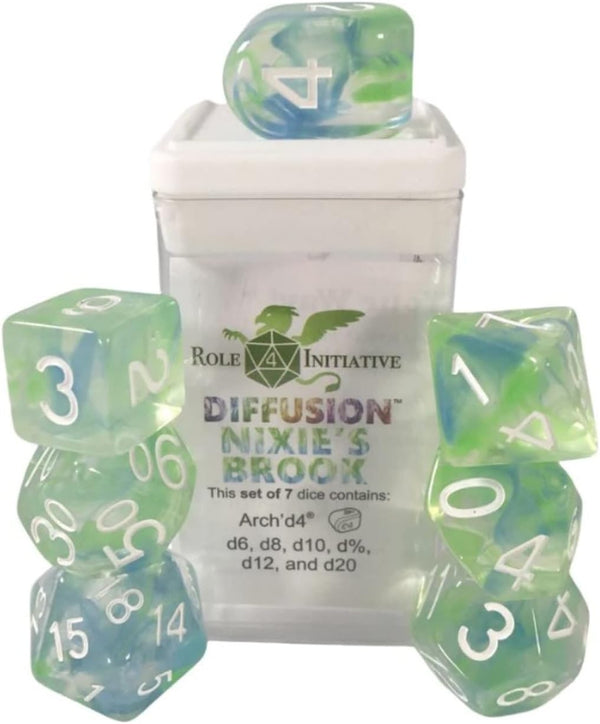 Role 4 Initiative Large High Visibility Traditional Dice Set with Arch'd4 Diffusion Nixie's Brook 7 Ct R4i-50533-7C