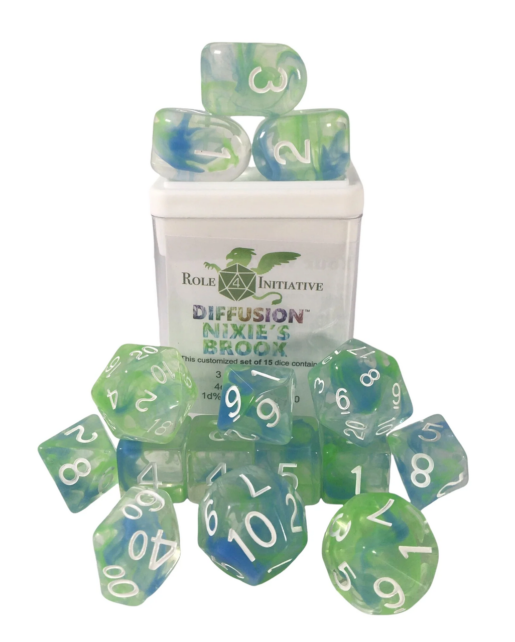 Role 4 Initiative Large High Visibility Traditional Dice Set with Arch'd4 Diffusion Nixie's Brook 7 Ct R4i-50533-7C