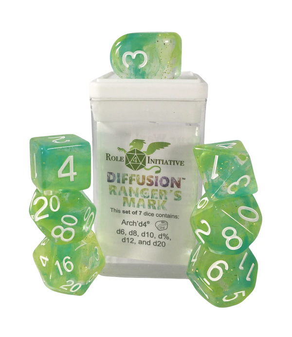 Role 4 Initiative Diffusion Large High Visibility Polyhedral Dice Set Ranger's Mark with White Numbers 7 Ct R4i-50528-7C