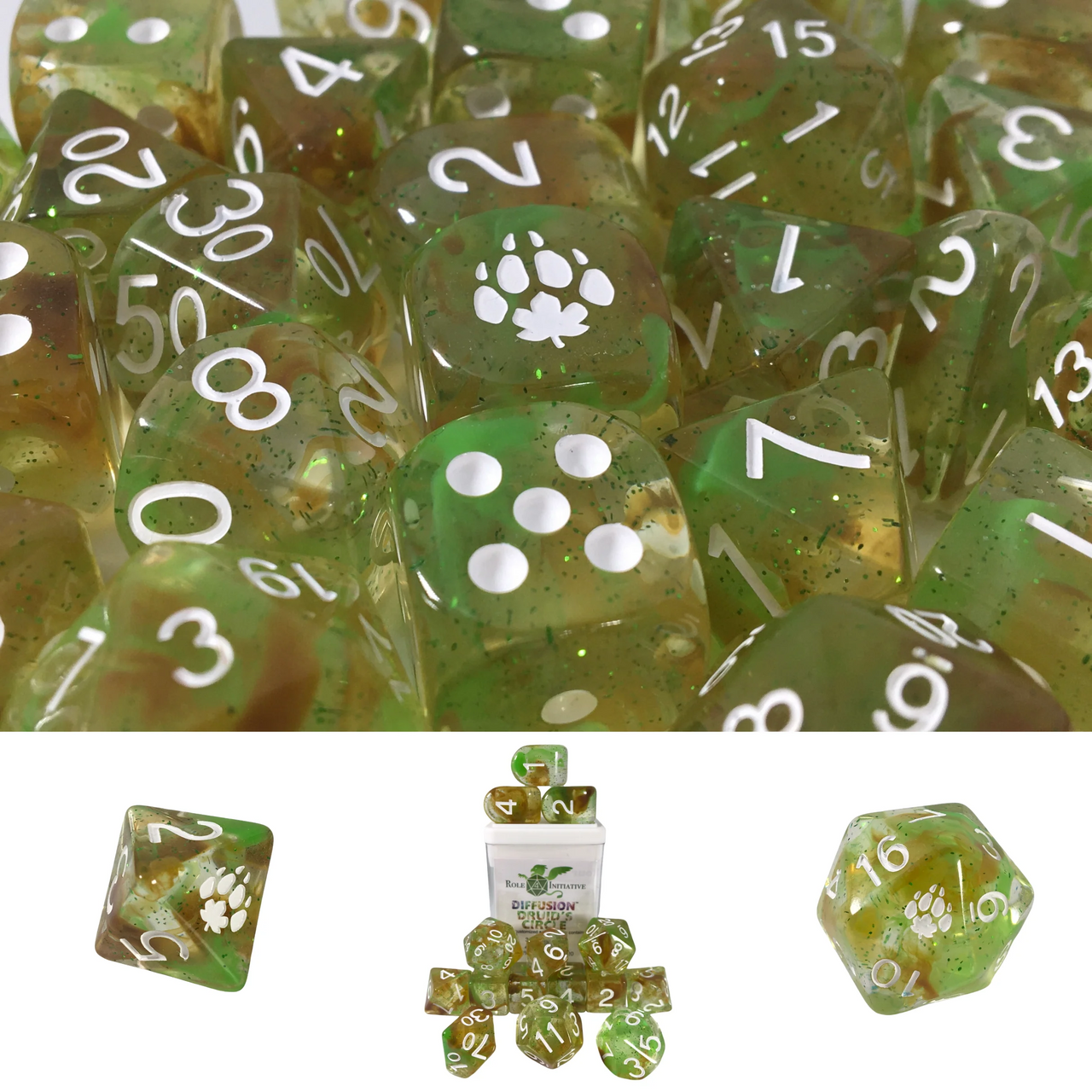 Role 4 Initiative Diffusion Large High Visibility Polyhedral Dice Set Druid's Circle with White Numbers 7 Ct R4i-50524-7C