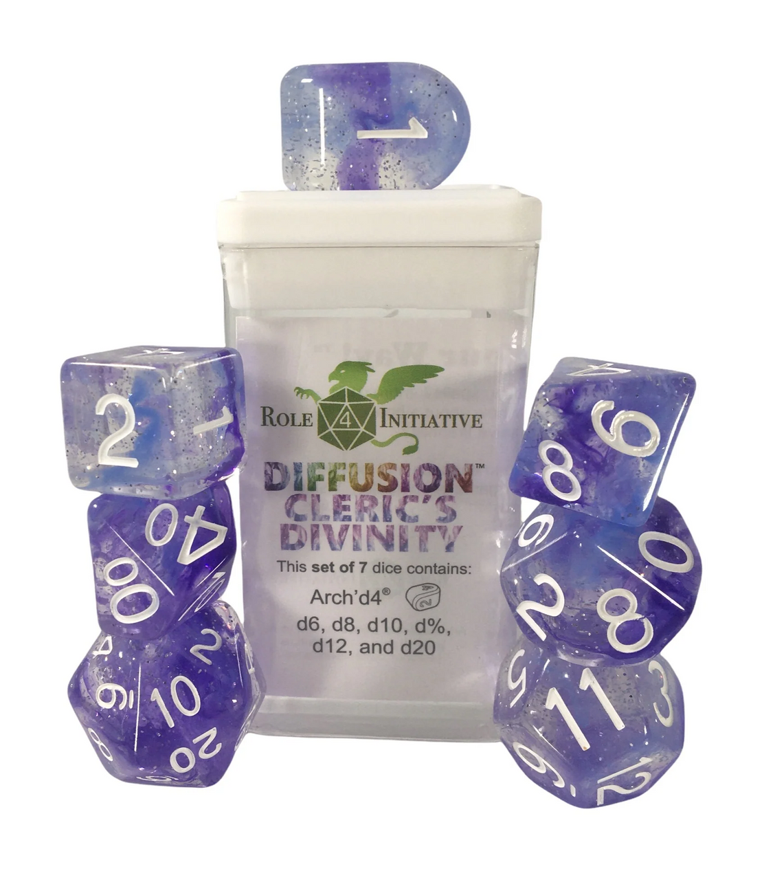 Role 4 Initiative Diffusion Large High Visibility Polyhedral Dice Set Cleric's Divinity with White Numbers 7 Ct R4i-50523-7C