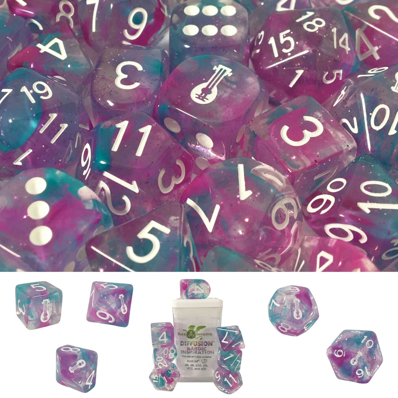 Role 4 Initiative Diffusion Large High Visibility Polyhedral Dice Set Bardic Inspiration with White Numbers 7 Ct R4i-50522-7C
