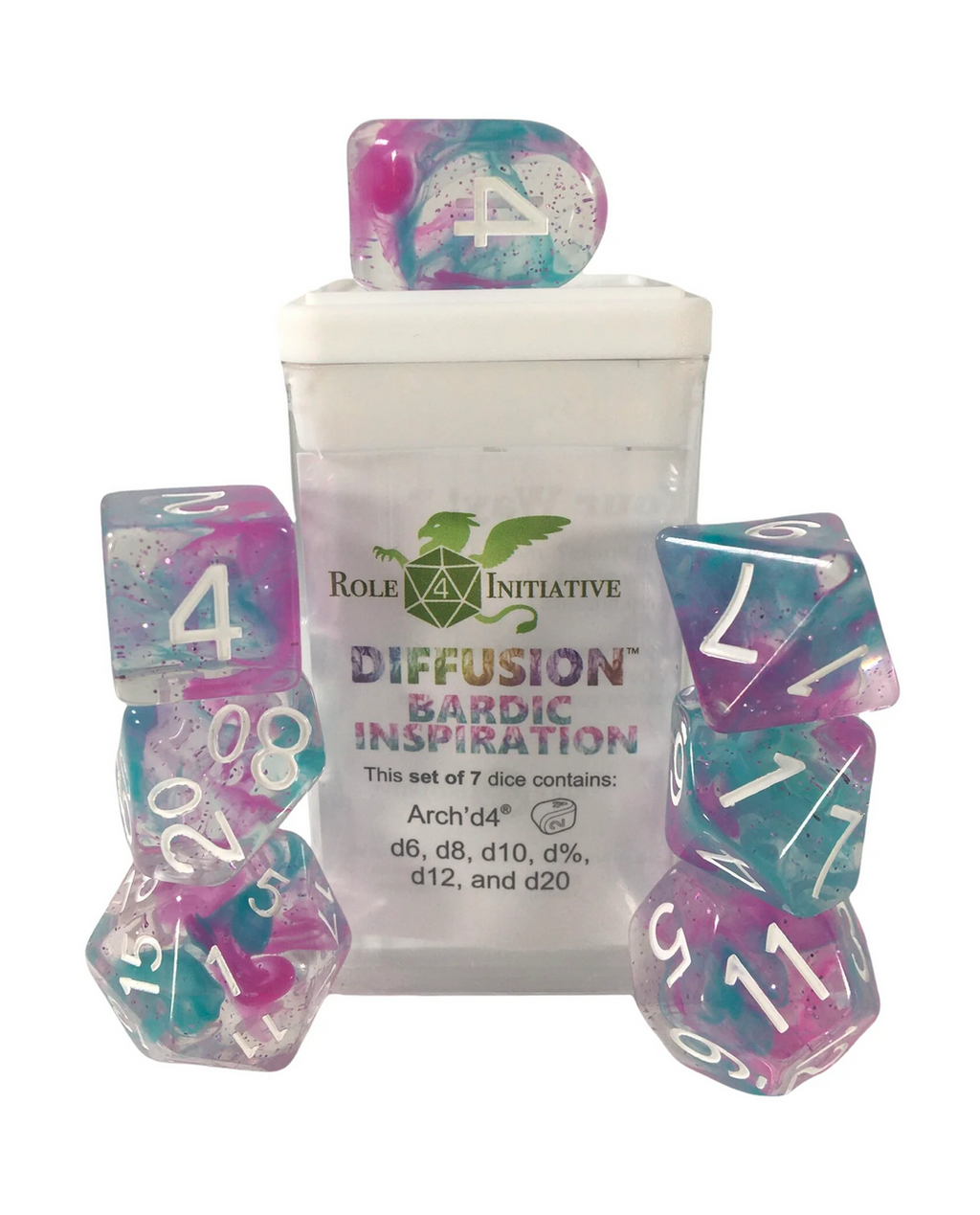Role 4 Initiative Diffusion Large High Visibility Polyhedral Dice Set Bardic Inspiration with White Numbers 7 Ct R4i-50522-7C