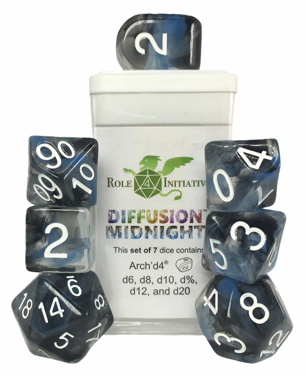 Role 4 Initiative Large High Visibility Polyhedral Dice Set Midnight Arch'd d4's with White Numbers 7 Ct R4i-50510-7C