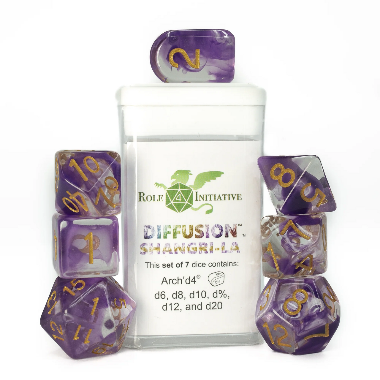 Role 4 Initiative Large High Visibility Traditional Dice Set with Arch'd4 Diffusion Shangri La 7 Ct R4i-50419-7C