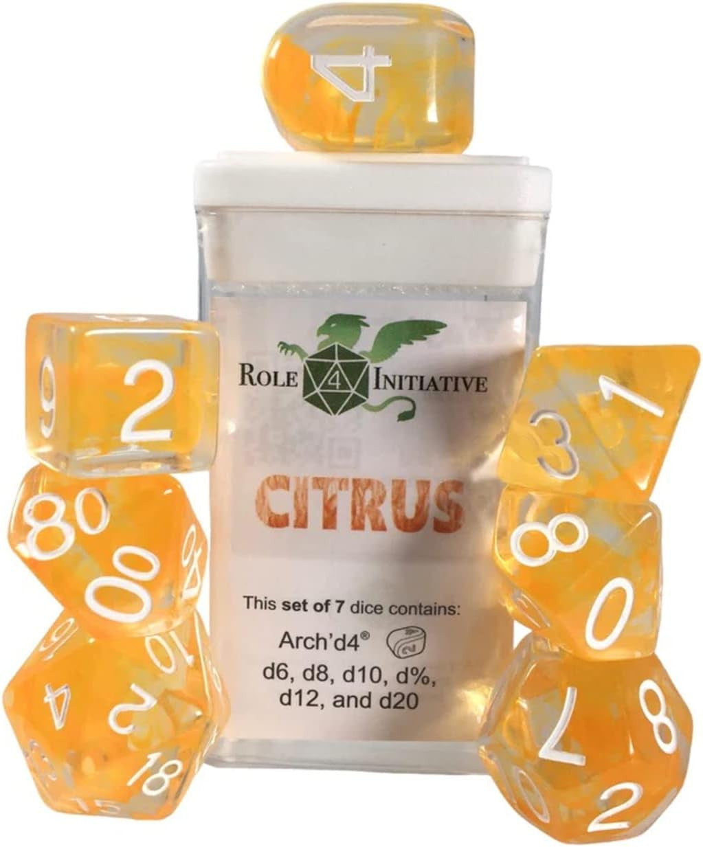 Role 4 Initiative Large High Visibility Polyhedral Dice Set Citrus with White Arch'd4 7 Ct R4i-50406-7C