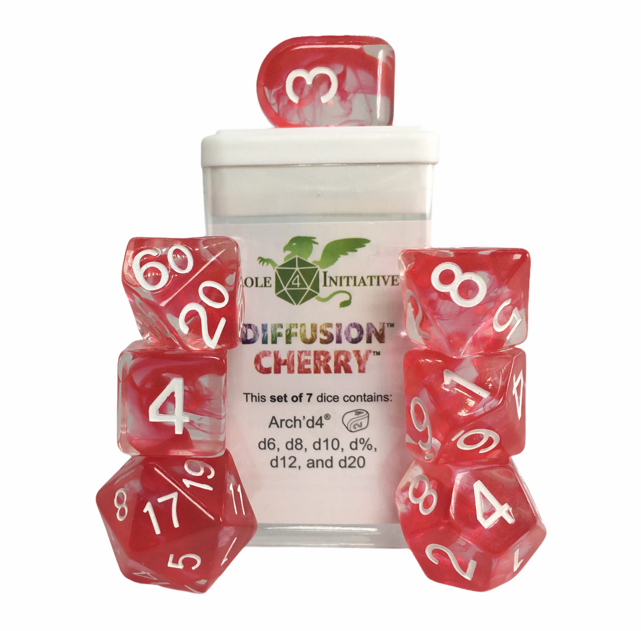 Role 4 Initiative Large High Visibility Polyhedral Dice Set Cherry Arch'd d4's with White Numbers 7 Ct R4i-50401-7C