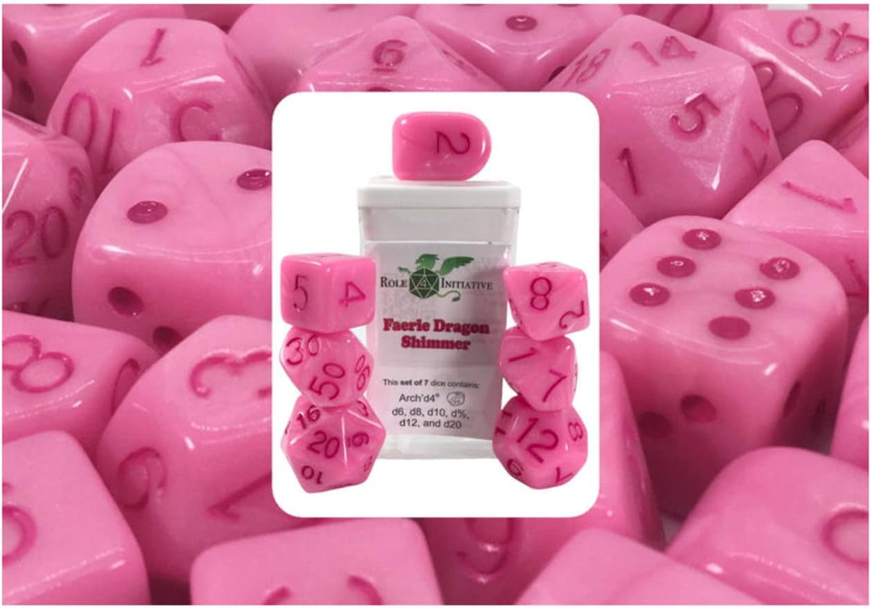 Role 4 Initiative Large High Visibility Polyhedral Dice Set Rose Ink Faerie Dragon Shimmer with Arch'd4 7 Ct R4i-50304-7C
