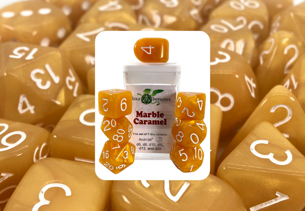 Role 4 Initiative Large High Visibility Polyhedral Dice Set Marble Caramel with White Arch'd4 15 Ct R4i-50206-FC