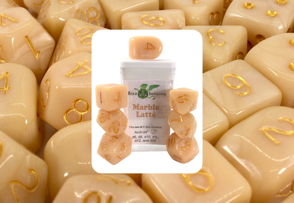 Role 4 Initiative Large High Visibility Polyhedral Dice Marble Latte with Arch'd4 7 Ct R4i-50205-7C