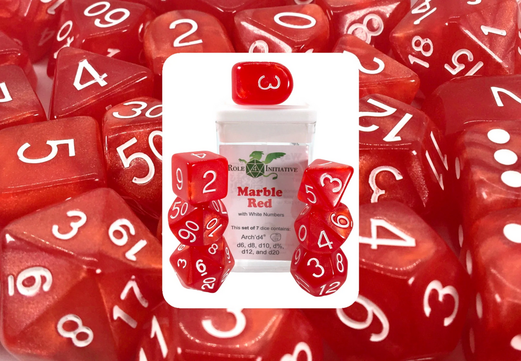 Role 4 Initiative Poly Dice Set Marble Red with White Numbers Arch'd4 15 Ct R4i-50204-FC