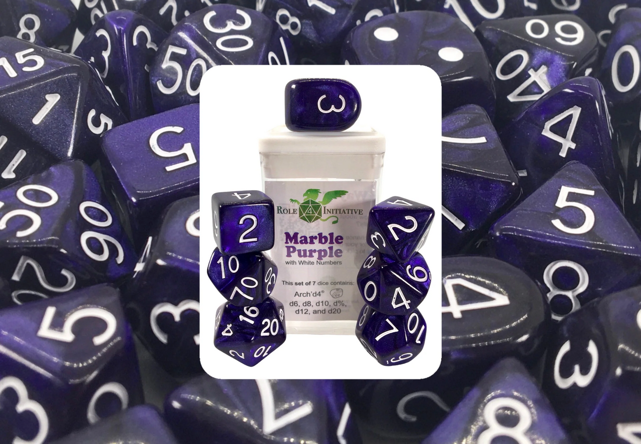 Role 4 Initiative Large High Visibility Polyhedral Dice Set Marble Purple with Arch'd4 7 Ct R4i-50203-7C