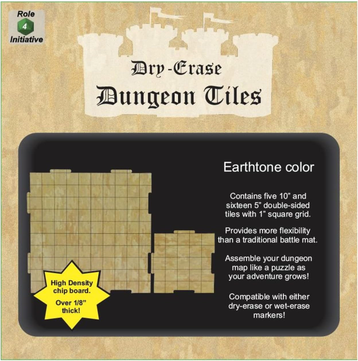 Role 4 Initiative Dry Erase Dungeon Tiles Earthtone Combo Pack of Five 10" and Sixteen 5" Squares R4i-45013