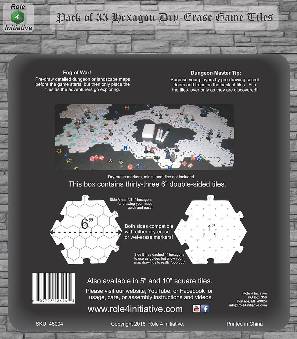 Role 4 Initiative Dry Erase Hexagon Dungeon Tiles Set 6 Inch - Pack of 33