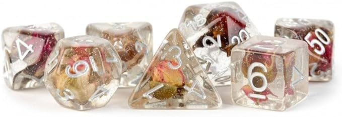 Metallic Dice Games 16mm Resin Poly Set Rose w/Silver 7 Role Playing Game Dice for Dungeons and Dragons MTD751