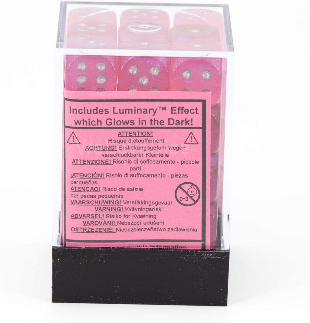 Chessex Borealis 12mm d6 Pink Silver Luminary Dice Block 36 Dice - 27984 CHX27984