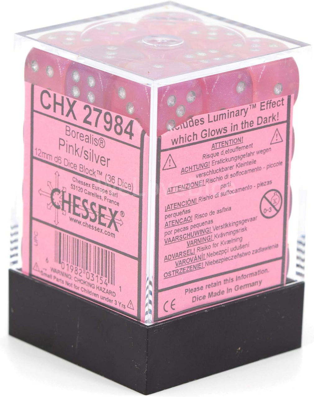 Chessex Borealis 12mm d6 Pink Silver Luminary Dice Block 36 Dice - 27984 CHX27984