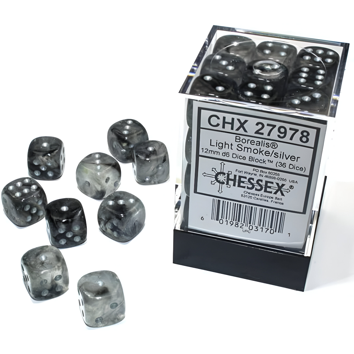 Chessex Borealis 12mm d6 Light Smoke Silver Luminary Dice Block (27978) - 36 Dice CHX27978