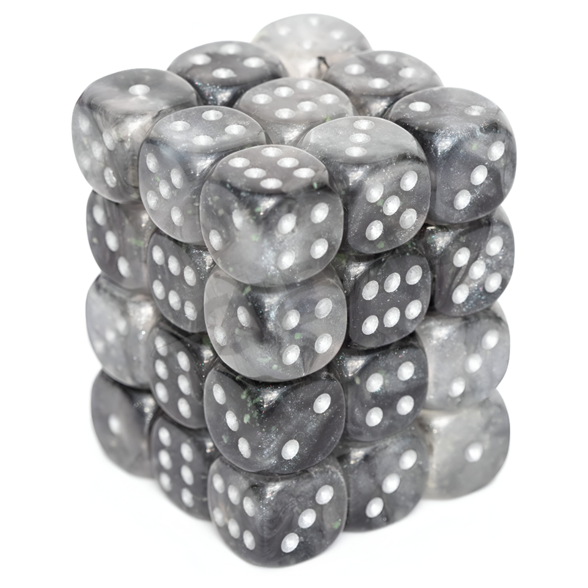 Chessex Borealis 12mm d6 Light Smoke Silver Luminary Dice Block (27978) - 36 Dice CHX27978