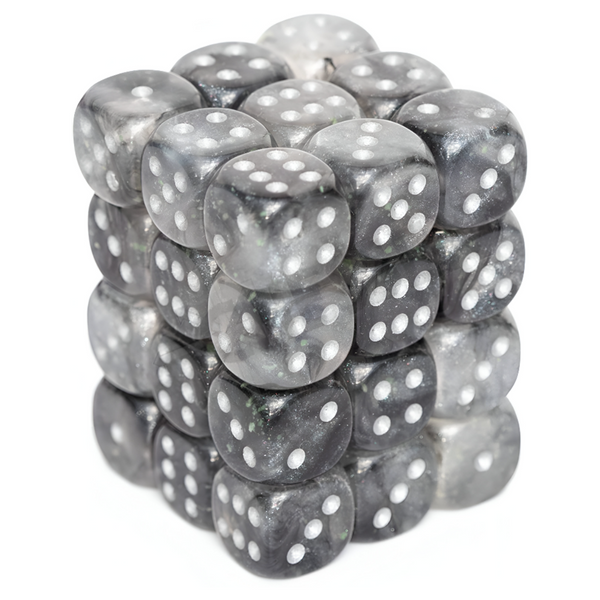 Chessex Borealis 12mm d6 Light Smoke Silver Luminary Dice Block (27978) - 36 Dice CHX27978