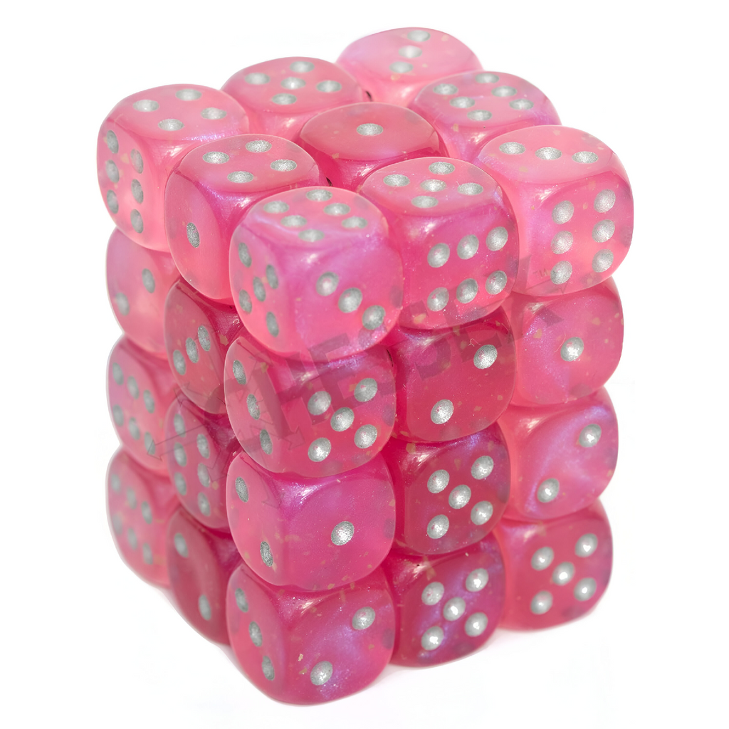Chessex Borealis 12mm d6 Pink Silver Luminary Dice Block 36 Dice - 27984 CHX27984