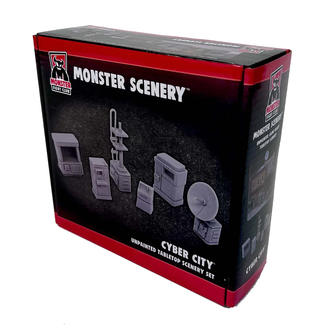 Monster Fight Club Cyber City Unpainted Tabletop Scenery Set Includes Various Terminals a Transmitter a Satellite Dish and a Dispenser - MFC-12008