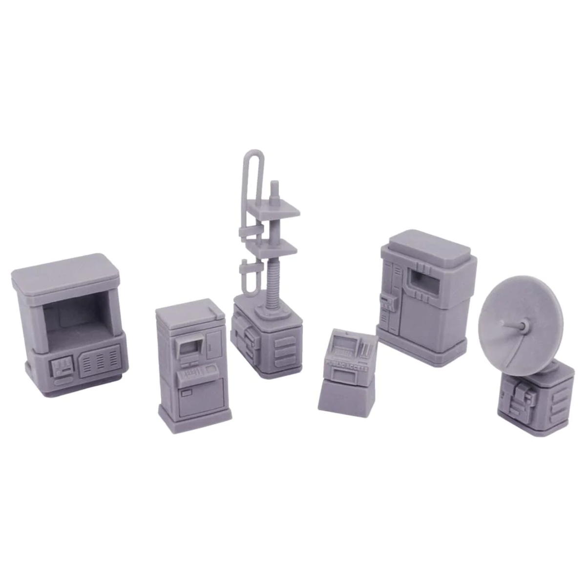 Monster Fight Club Cyber City Unpainted Tabletop Scenery Set Includes Various Terminals a Transmitter a Satellite Dish and a Dispenser - MFC-12008