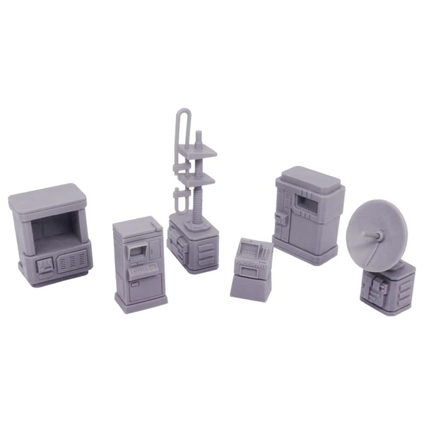 Monster Fight Club Cyber City Unpainted Tabletop Scenery Set Includes Various Terminals a Transmitter a Satellite Dish and a Dispenser - MFC-12008