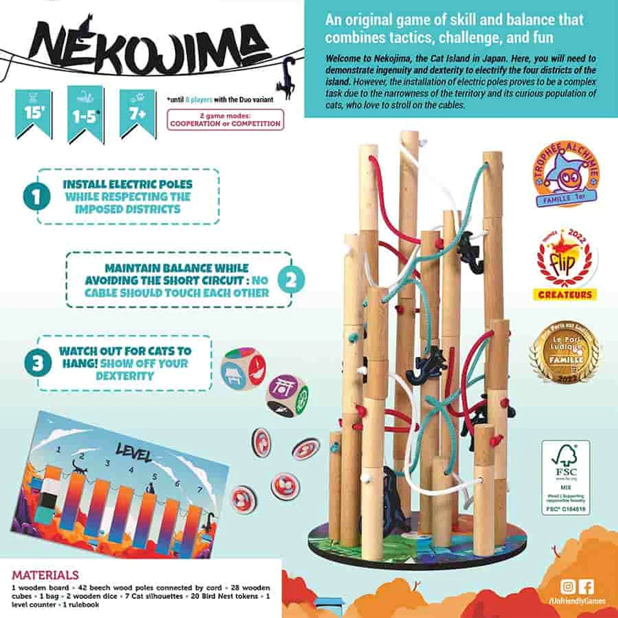 Unfriendly Games Nekojima Cooperative Solitaire Stacking Balancing Wooden Board Game Ages 7 Plus 1 to 5 Players Playtime 15 Minutes HBGUNF002NE