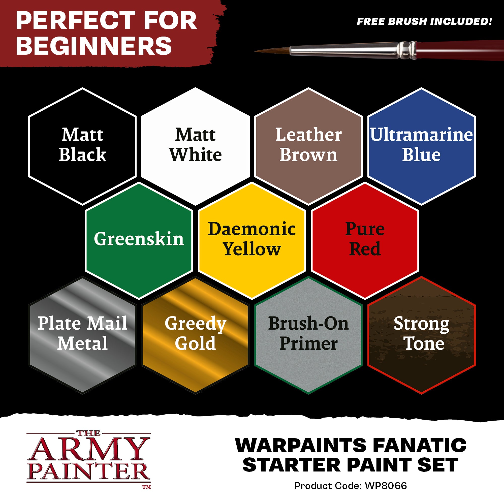 The Army Painter Warpaints Fanatic Starter High Covering Acrylic Paint Set WP8066 (11 colors + 1 brush + 1 miniature) WP8066