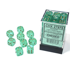 Chessex Borealis 16mm d6 Light Green/gold Luminary Dice Block 12 dice CHX27775
