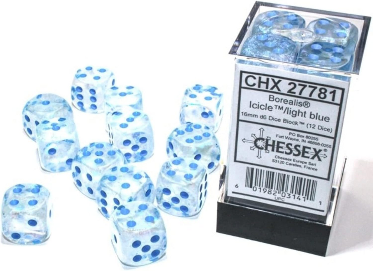 Chessex Borealis 16mm d6 Icicle/light blue Luminary Dice Block 12 dice CHX27781