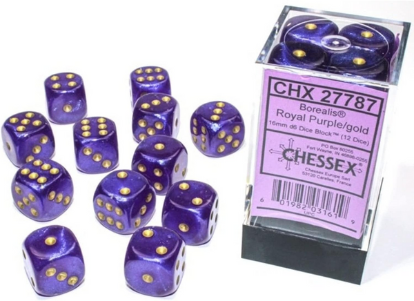 Chessex Borealis 16mm d6 Royal Purple/gold Luminary Dice Block 12 dice CHX27787