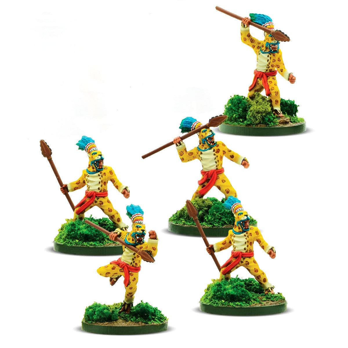 Mythic Earth Jaguar Warriors With Spears Aztec 5 Metal Figures Set MSMA27
