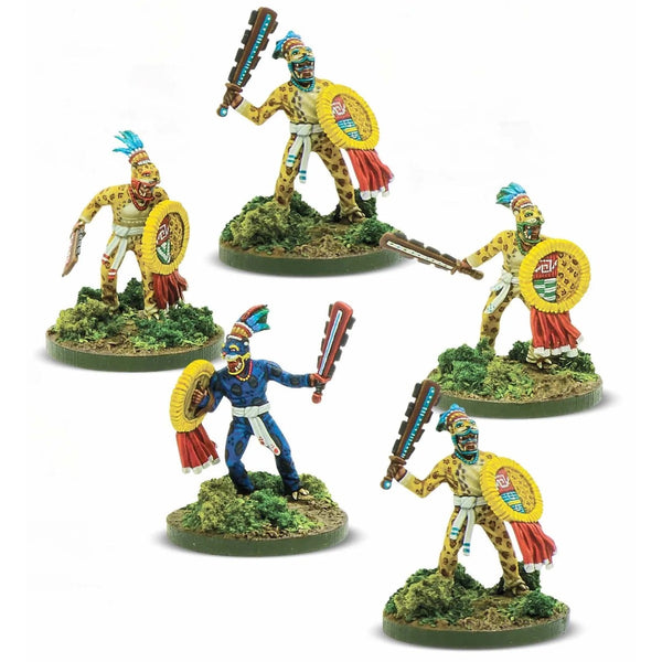 Mythic Earth Jaguar Warriors With Macuahuitl Aztec 5 Metal Figures Set MSMA26